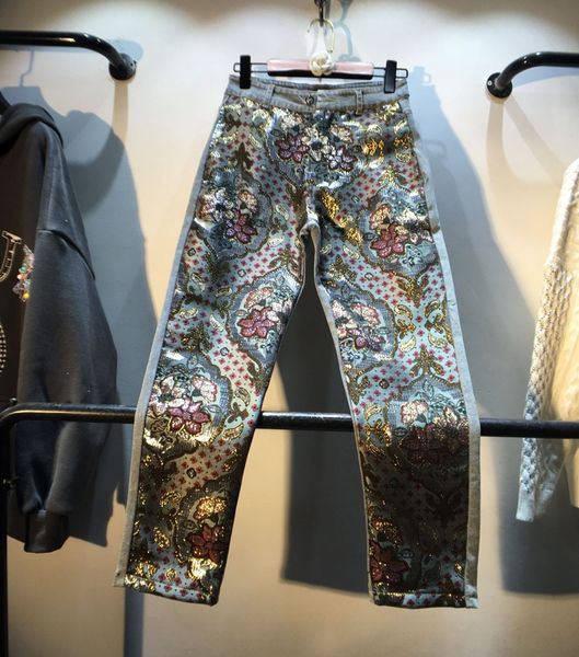 

2020 new fashion stitched bronzing printed patch high waist denim trousers women vintage slim straight jeans pants students, Blue