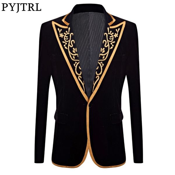 

pyjtrl new mens fashion royal court prince black velvet gold embroidery blazer wedding groom slim fit suit jacket singer costume, White;black