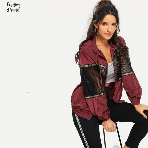 

burgundy athleisure regular jacket mesh insert drawstring hooded windbreaker women autumn casual overcoat and drop shipping, Black;brown