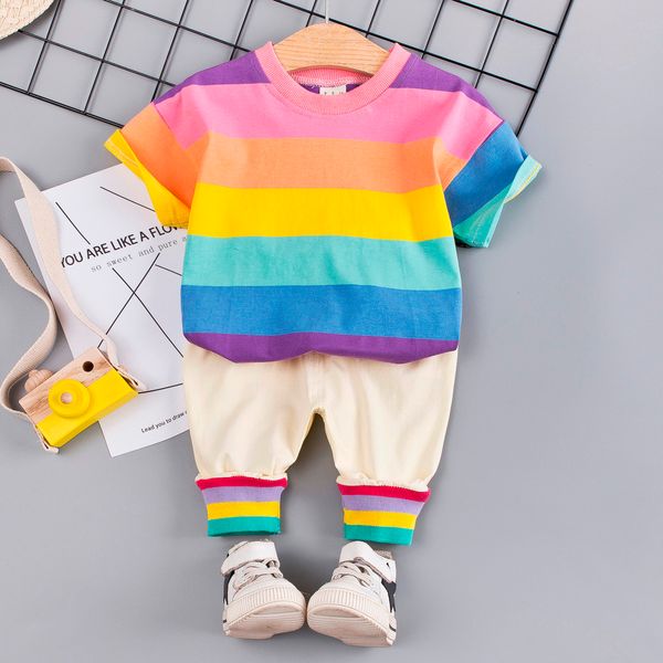 

toddler baby boy kids rainbow stripe t-shirt +pants outfits set kids clothes children clothes roupa infantil vetement 2019, White