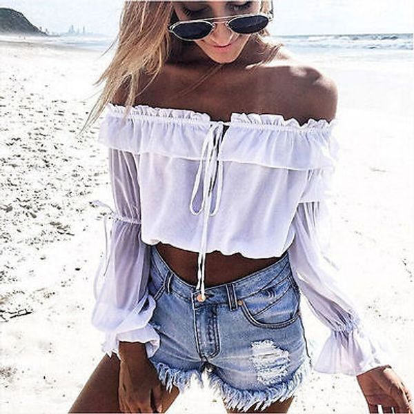 

summer women's off shoulder long sleeve shirt casual blouse loose shirt, White