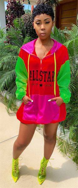 

Letter Printed Contrast Color Fashion Dress Zipper Pocket Panelled Designer Hiphop Women Street Style Short Dress