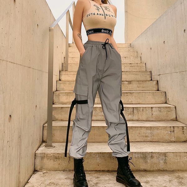 

cargo pants women's jogging pants loose hight waist 2020 women streetwear outfits cargo trousers flash reflective autumn winter, Black;white