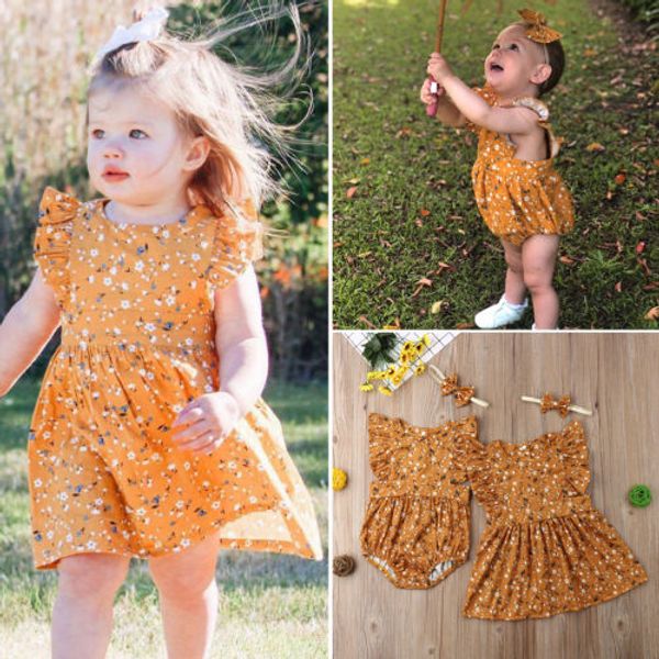 

brand new лето желтого малыш дети детские маленький / big sister цветочного bodysuit / платье партии лето семья matching одежда, Blue