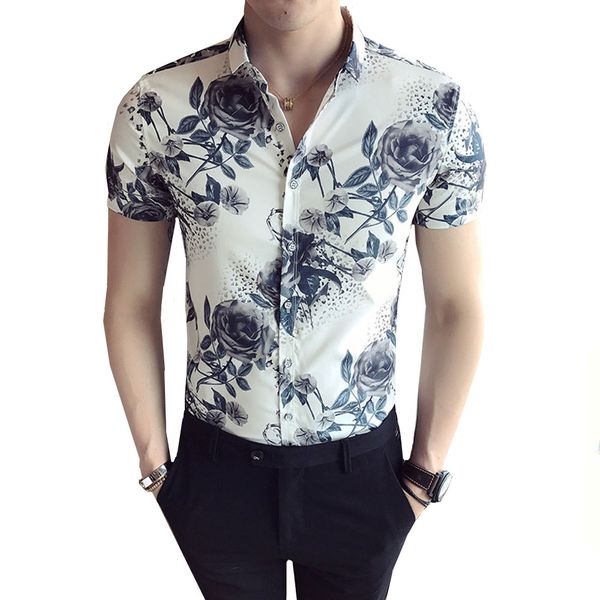

summer men shirt new clothes 2019 short sleeve shirt british style slim fit digital print male casual 3xl, White;black