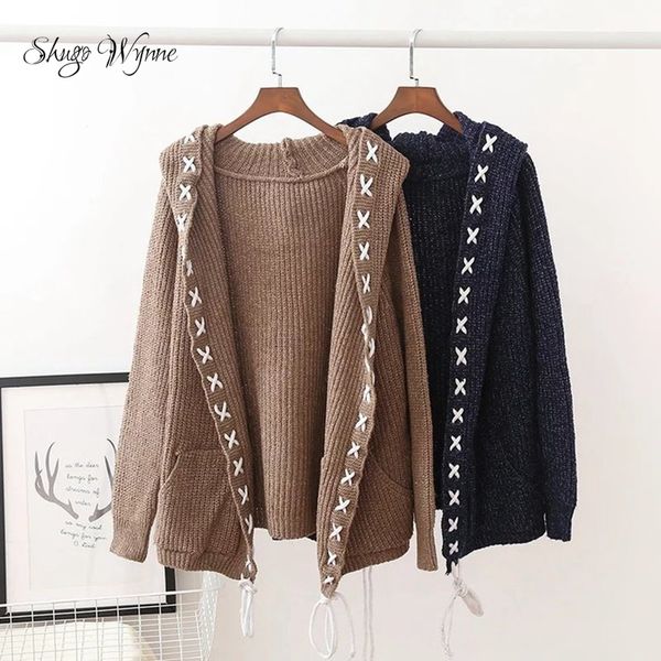

shugo wynne mori girl 2017 autumn new women vintage hooded loose knitted sweater lace-up long sleeve casual cardigan outwear, White;black