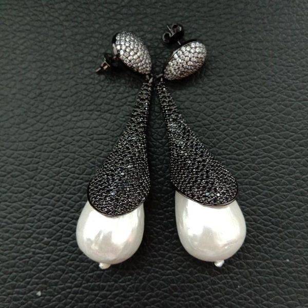 

women's 16x25mm white sea shell pearl black cz pave gunmetal earrings, Golden