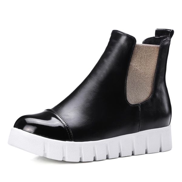

2018 autumn spring female ankle boots with fur square heels round toe platform pu soft leather shoes women fashion sock boots, Black