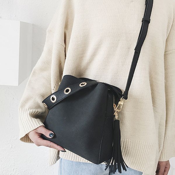 

fashion scrub women bucket bag vintage tassel messenger bag retro shoulder simple crossbody tote #o
