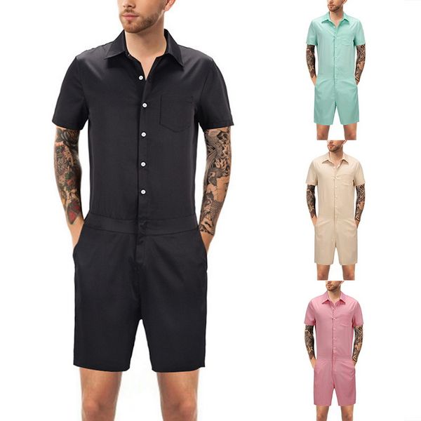 

litthing casual summer men fitness rompers overall pants male bodysuits single breasted short jumpsuit trousers body suits homme, Black