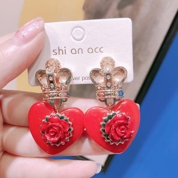 

vintage baroque palace style exaggerated red flowers love rhinestone crown clip earrings temperament ladies fashion jewelry, Silver