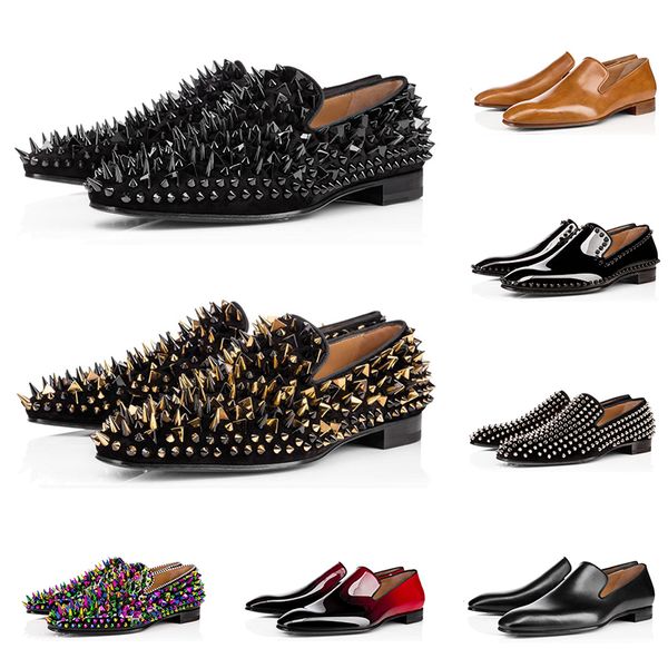 

men luxury designer loafers dress shoes triple black red matte patent leather spike sneakers for business wedding flat bottoms