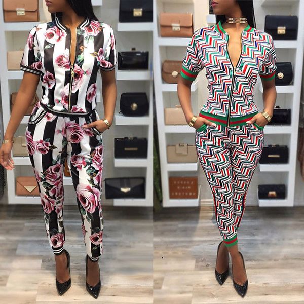 

2 pcs summer fahsion women tracksuit short sleeve sweatshirt pant sets casual womens zipper floral print +pants clothes sets, Gray