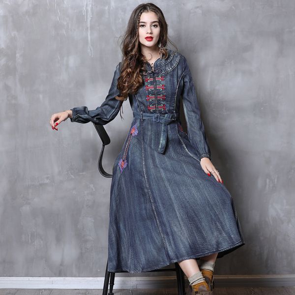 

retro folk-custom style denim dress women frog button embroidery high waist washed denim dresses female slim long dress, Black;gray