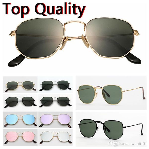 

desinger sunglasses hexagonal flat glass lenses for men women male female sunglasses with brown or black case, cloth, paper box, accessories, White;black