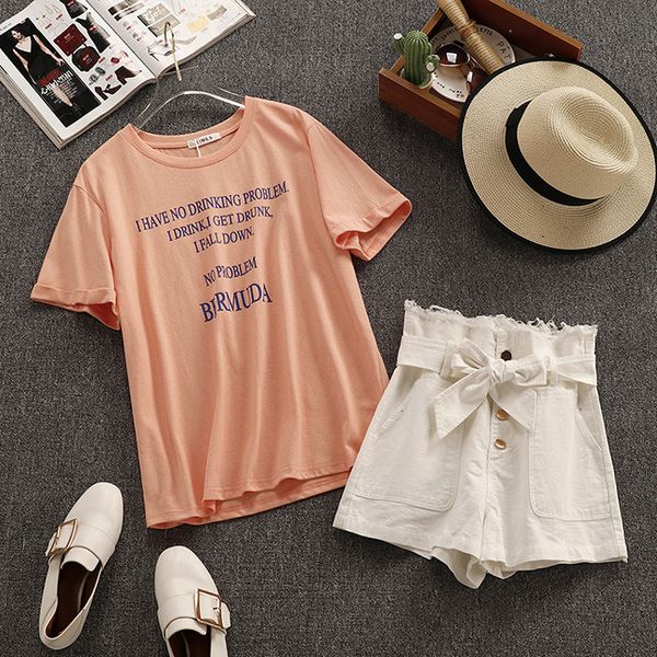 

letter pattern t-shirts+pockets buttons sashes wide-legged mini shorts 2-pieces sets casual fashionable beach party women's sets, White