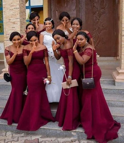 

2020 dark red mermaid african bride maid dre e off the houlder lace leeve wedding gue t party prom dre gown robe de demoi el