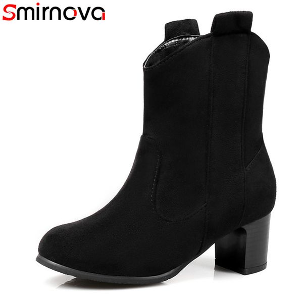 

smirnova 2018 new arrival ankle boots dark brown black thick heels boots round toe slip on winter women big size 34-45