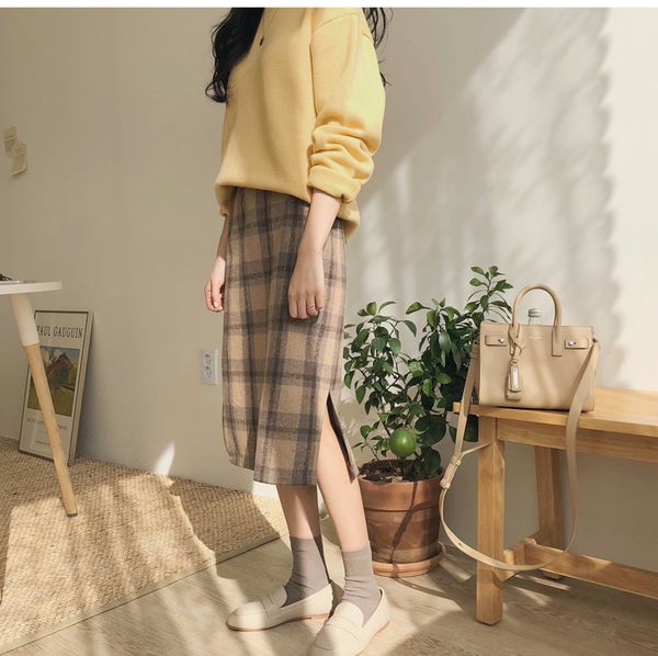 

vintage plaid women skirts autumn plus size pencil long girls skirt female vintage warm thick skirts winter femme faldas muje, Black