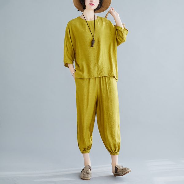 

spring summer cotton and linen women outfits fashion loose nine points harem pants casual two piece set ladies tide d3357, White