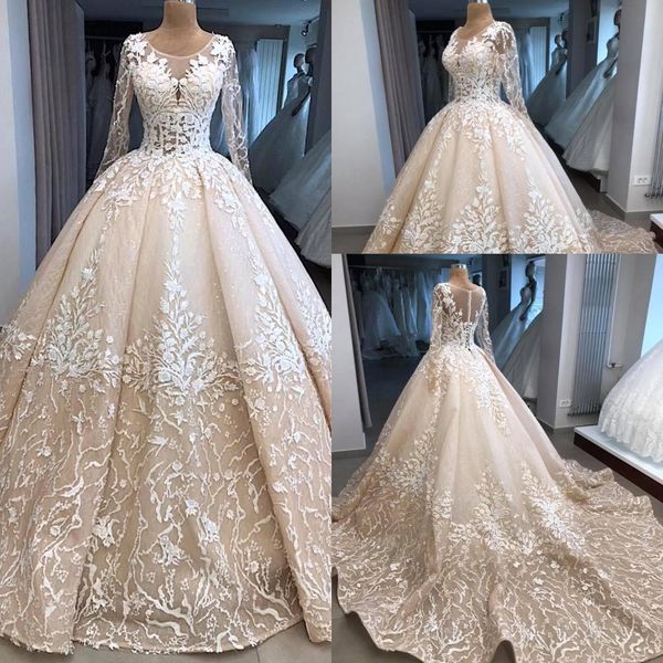

2019 vintage champagne 3d lace a line wedding dresses jewel neck see sheer long sleeves plus size bridal gowns sweep train bc2033