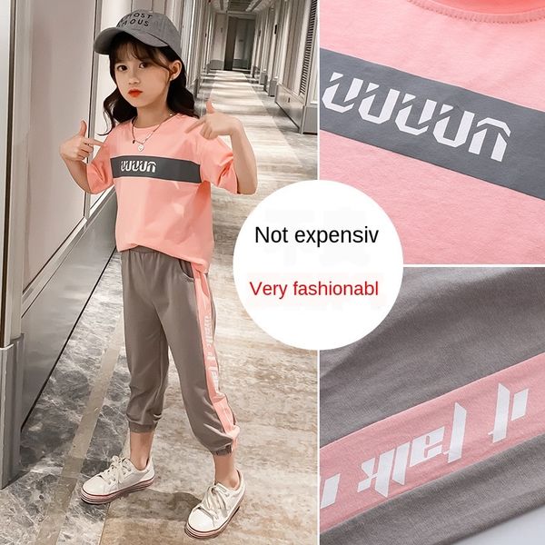 

r4qba 2020 girls contrast color mosaic sports girls' clothes contrast color summer clothes two-piece suit middle and high school studen