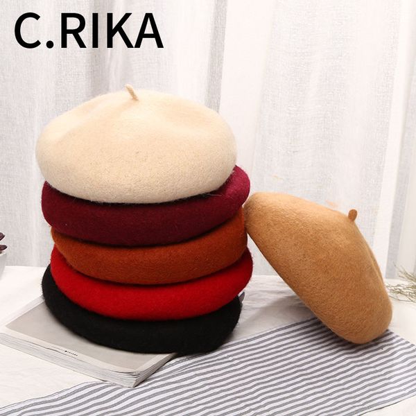 

2019 women elegant wool beret winter warm female lady painter cap french hat bonnet hat girls solid color red black berets baret, Blue;gray