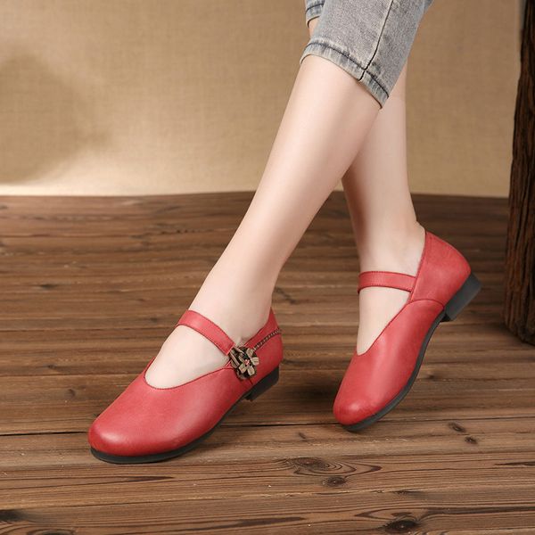 

style mother shoes genuine leather handmade ladies red vintage flower button shoes low heel round toe summer, Black