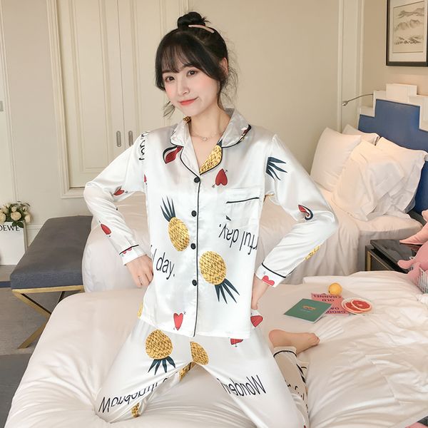 

2019 autumn women's pajamas sets flower print pijama fashion female faux silk stain two pieces shirts + pants nightie sleepwear, Black;red