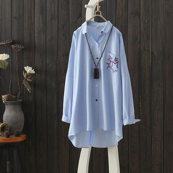 

blue casual vertical stripe shirt ladies medium-long literary femme spring turn down collar star embroidery womens blouses, White
