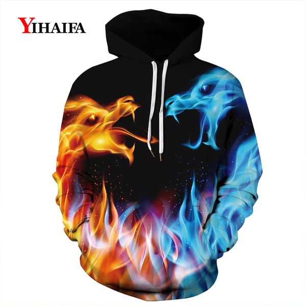 

3d hoodies ice fire dragon printed sweatshirts women men fashion casual streetwear hip hop hoodie harajuku streetwear, Black