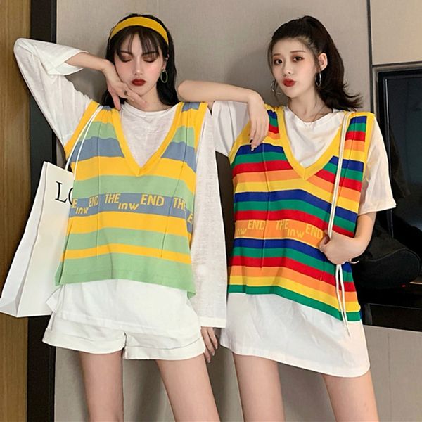 

women summer deep v-neck knit knit loose sleeveless slim stripes color matching camisole vest newest, White;black