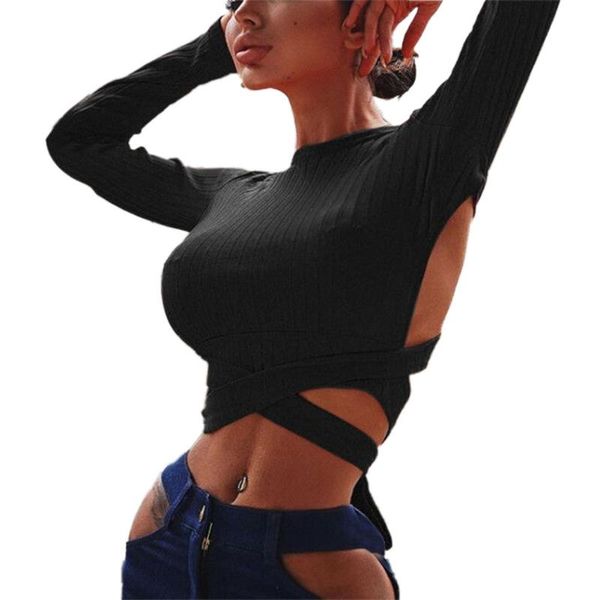 

women's t-shirt fashion summer women long sleeve black red ladies backless t shirt 2021 spring lace-up loose, White