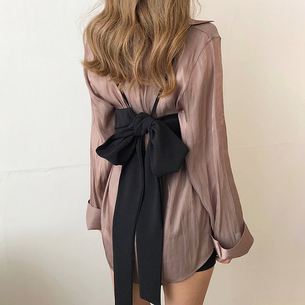 

korean ins fashion women mid-length shirt with back large bow chest vest sling two piece set female retro blouses, White