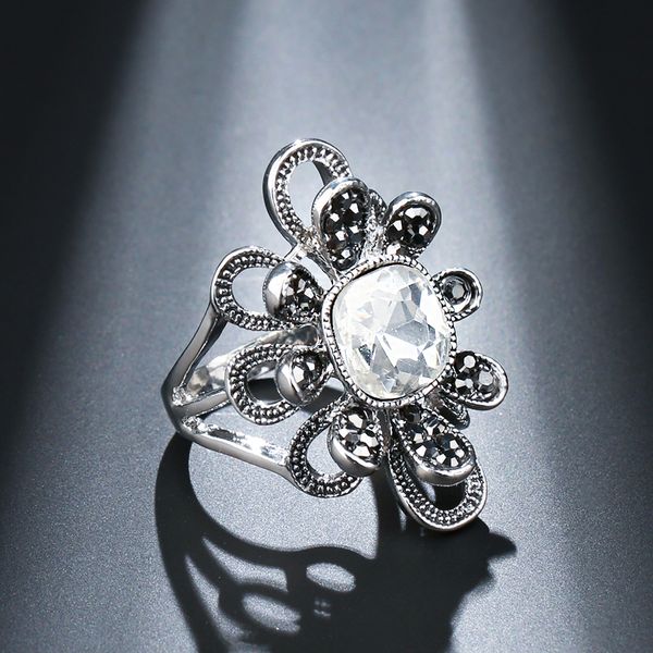 

kinel fashion austria crystal flower ring silver color wedding engagement cubic zirconia finger rings for women vintage jewelry, Slivery;golden