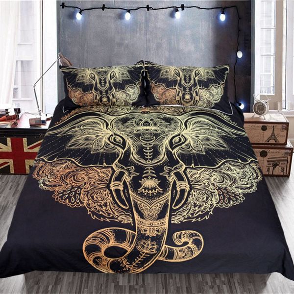 

3pcs gold elephant 3d bedding sets duvet cover pillow case twin full  king size quilt set double bedding