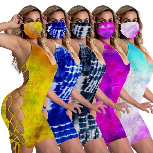 

felyn 2020 playsuits tie dye v-neck bandage backless summer bodycon rompers, Black;white