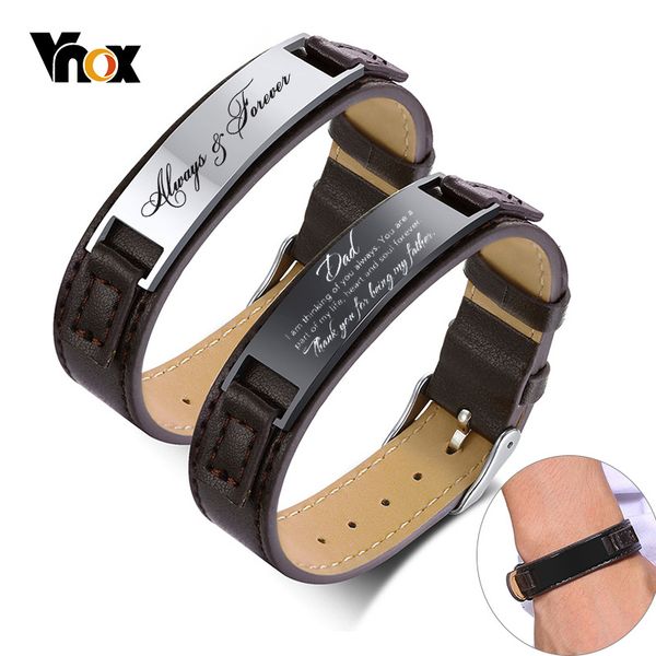 

vnox personalize bracelets for men 16mm adjustable leather band with glossy stainless steel id bar unique customize gift, Golden;silver