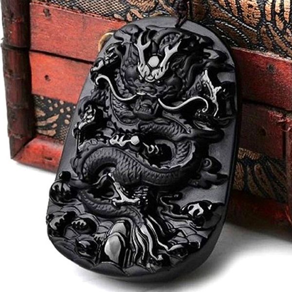 

yu xin yuan beautiful chinese handwork natural jade black obsidian carved dragon amulet lucky pendant necklace fashion jewelry, Silver