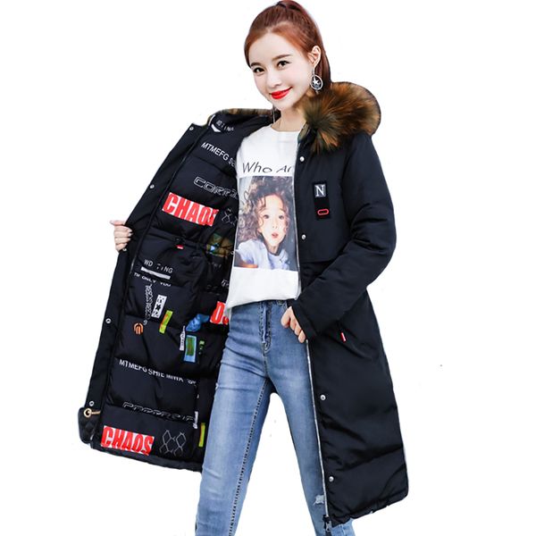 

double two edges 2019 new arrivals women winter jas capuchon with bont collar ladies exit parka long jacket high quality, Black