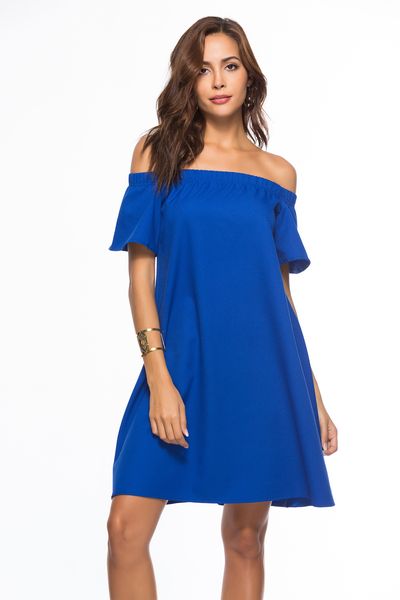 

Summer Elegant Casual Neck Short Sleeve Sexy Blue Chiffon Loose Short Dress Fashion Simple Solid Women Clothes