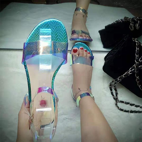 

women summer flat sandals colorful open toe woman buckle ankle strap casual shoes female transparent ladies fashion shoes y200405, Black