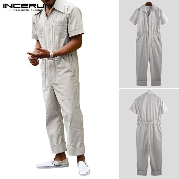 

incerun 2019 fashion men jumpsuit cargo overalls pockets shortsleeve solid pants loose cool streetwear casual rompers men s-5xl, Black