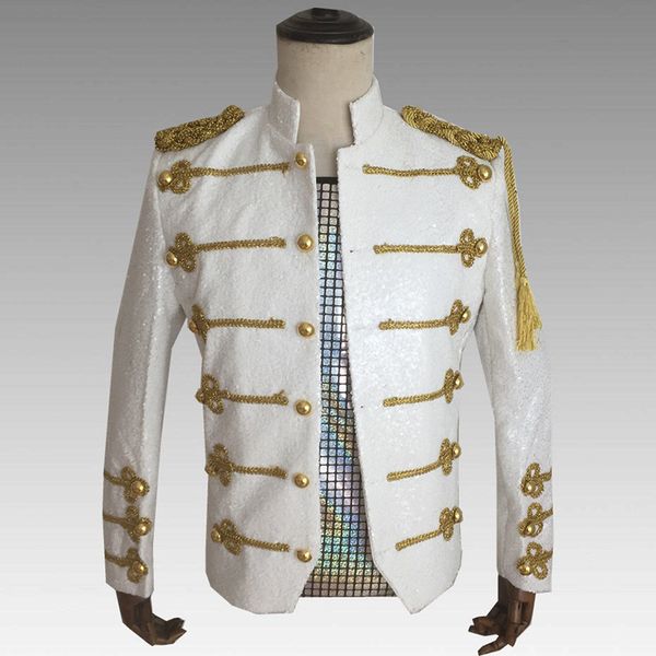 

court style male golden floral single breasted slim fit wedding suits men's white sequins performance costumes man casual blazer, White;black