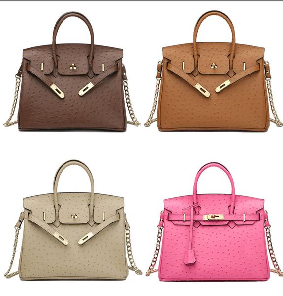 

luxury designer genuine leather tote handbag 25 30 35 cm women lady cowhide bag ostrich animal skin handles shoulder strap padlock key