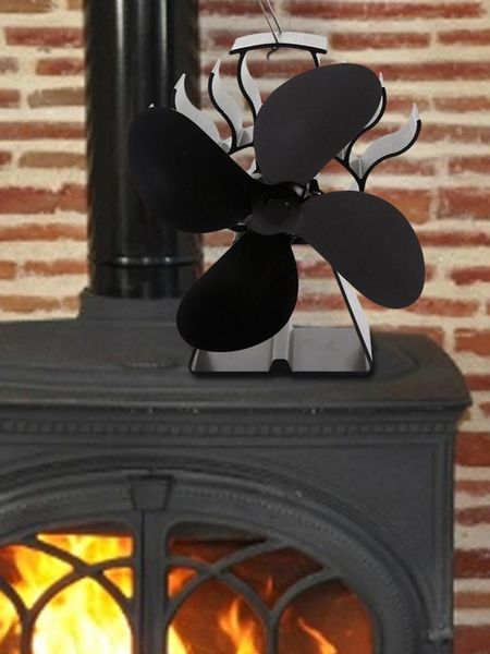 

black fireplace 4 blade heat powered stove fan komin log wood burner eco friendly quiet fan home efficient heat distribution