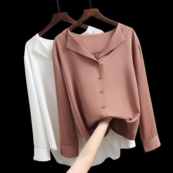 

casual solid female shirts outwear autumn new women chiffon blouse office lady v-neck button loose clothing 5104 50, White