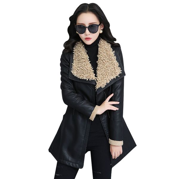 

lambs wool faux leather jacket women plus velvet autumn winter pu leather women long biker jacket warm winter coat parkas c5765, Black