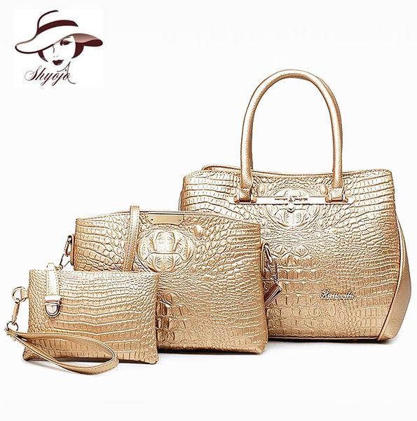 

3pcs/set fashion crocodile handbag pu leather tote women shoulder handbag ladies crossbody bag messenger bag+clutch purse