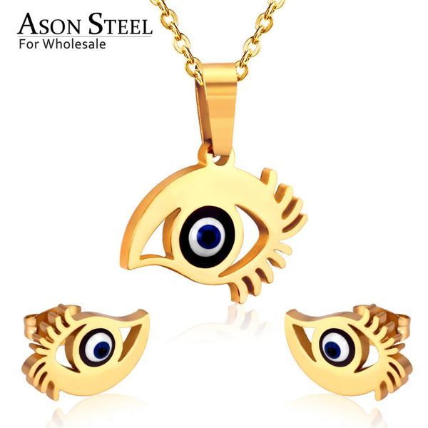 

asonsteel 316l stainless steel gold color jewelry sets for women 2019 big eyes necklace pendant small stud earrings for femme, Silver